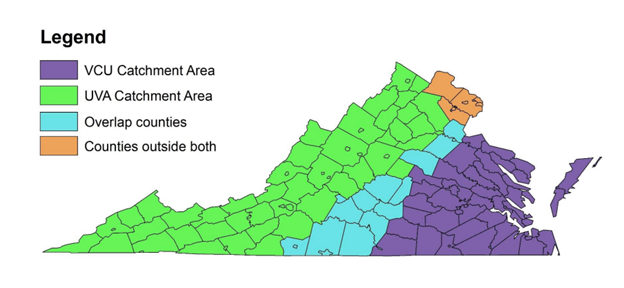 A map of Virginia showing the VCU and UVA catchment areas.