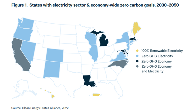 A map showing states that have electricity sector and economy-wide zero carbon goals from 2030-2050.