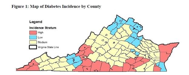 Map of diabetes incidence by county in Virginia. 