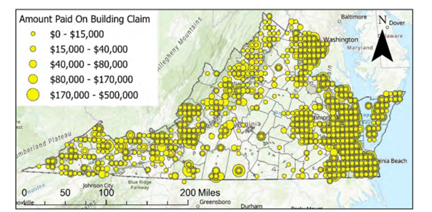 A map depicting National Flood Insurance Program flood insurance claims in Virginia from 2002-2021. Data obtained from FEMA.