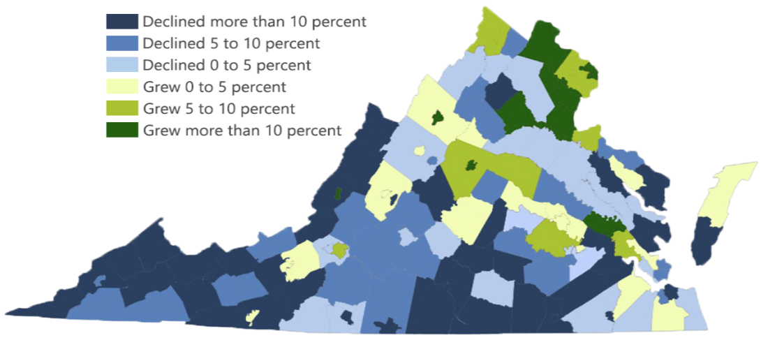 School Enrollment Change in Virginia, 2010 to 2019
