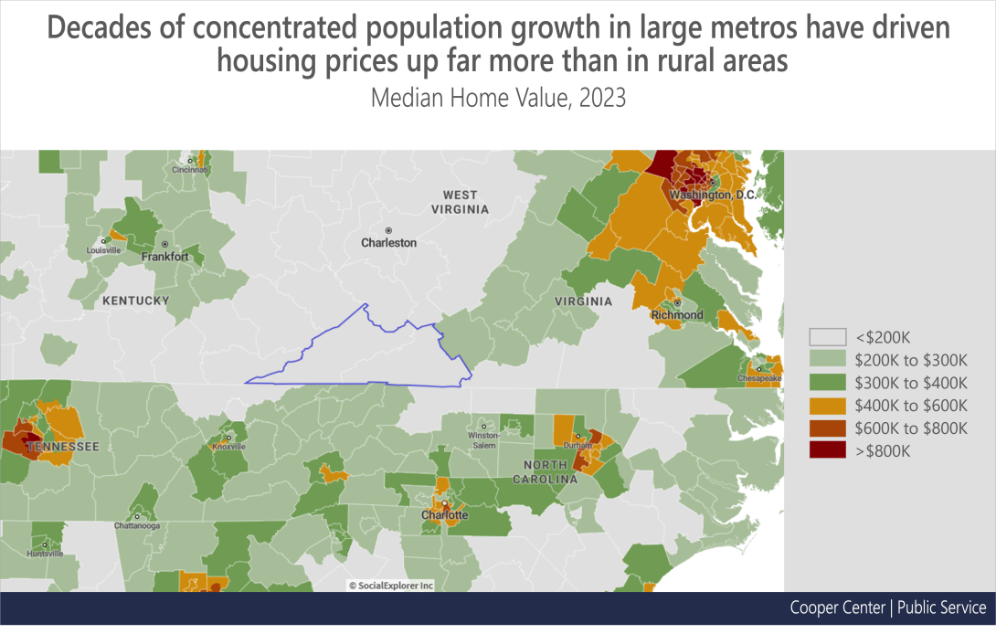 Map 3 Title: Decades of concentrated population growth in large metros have driven housing prices up far more than in rural areas. Map 3 Description: Median Home Value, 2023