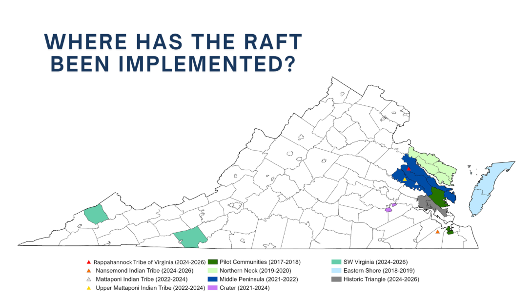 A map of Virginia with localities where The RAFT has been implemented colored in.